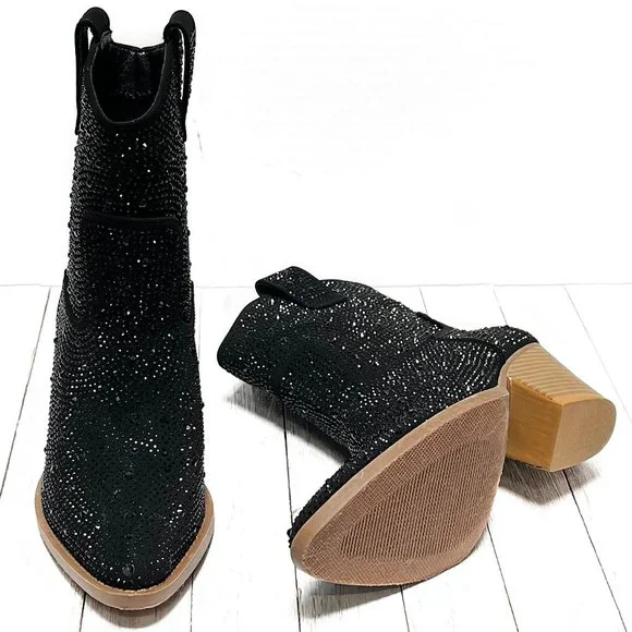 New Black Rhinestone Cowboy Ankle Boots Western Booties - Picture 7 of 8